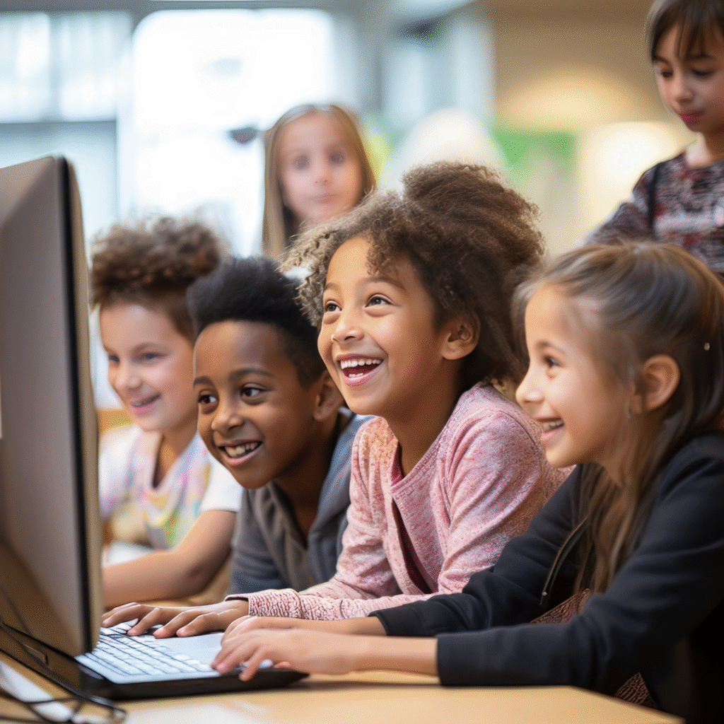 children smiling at computer screen