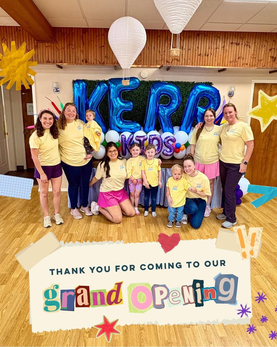 Kerr Kids Grand Opening featuring five smiling children playing with Imagination Playground large blue foam building blocks.